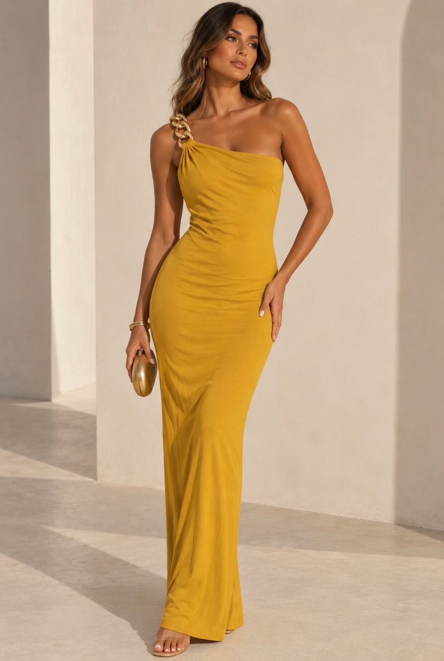 NWT JLUXLABEL Mustard Gold Chain One Shoulder Maxi Dress XL Bodycon Ruched
